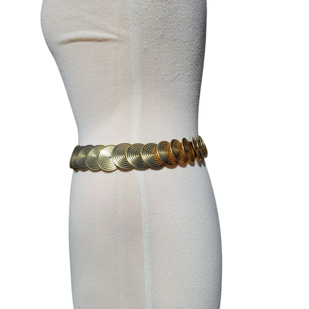 Vintage Gold Tone Disc Stretch Belt | Mod Disco Glam Statement Waist Belt - Picture 10 of 12
